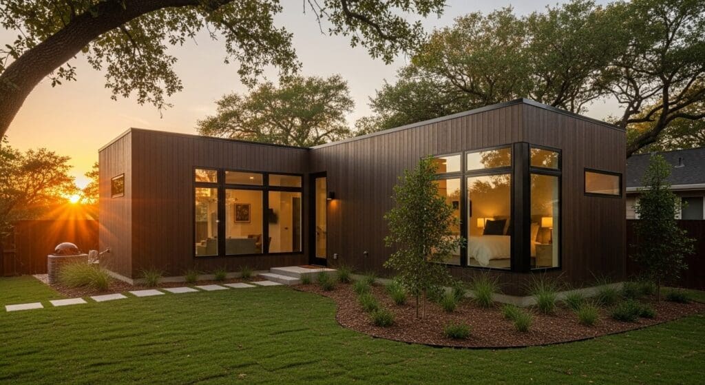 Why Austin Homeowners Are Choosing Detached ADUs in 2025 3 Modern detached ADUs in Austin backyard with native landscaping