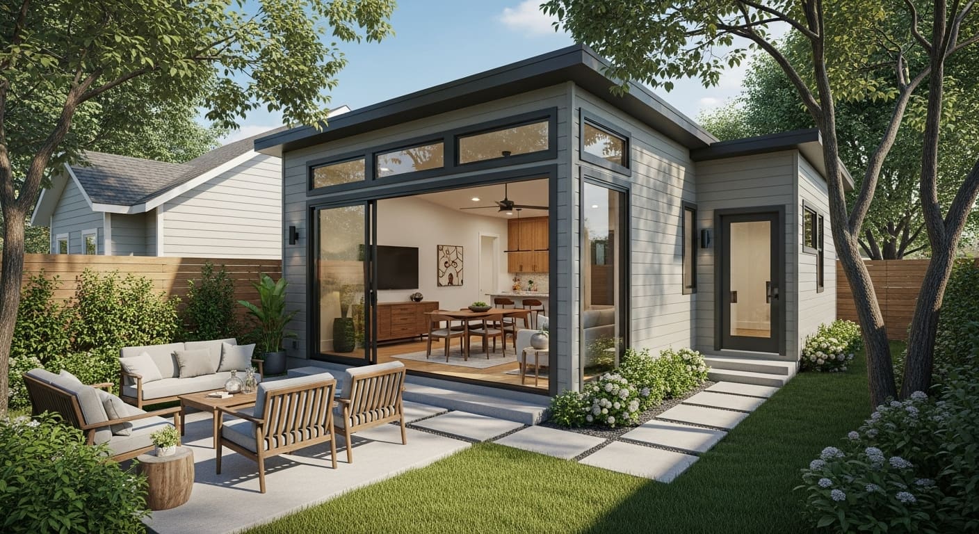 Featured view of a perfect ADU floor plan for Austin living with open layout and backyard patio