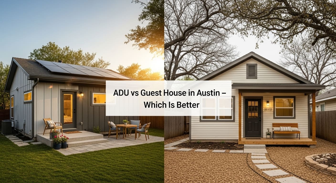 Side-by-side comparison of ADU vs Guest House in Austin showing differences in design, layout, and features for local homeowners.