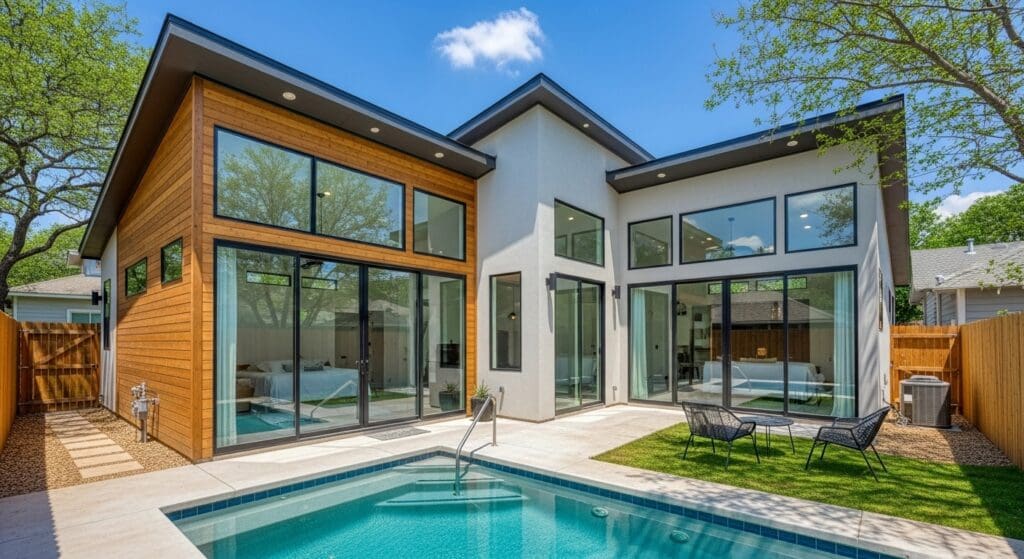 Modern Austin ADU exterior with backyard patio and natural landscaping for accessory dwelling unit planning