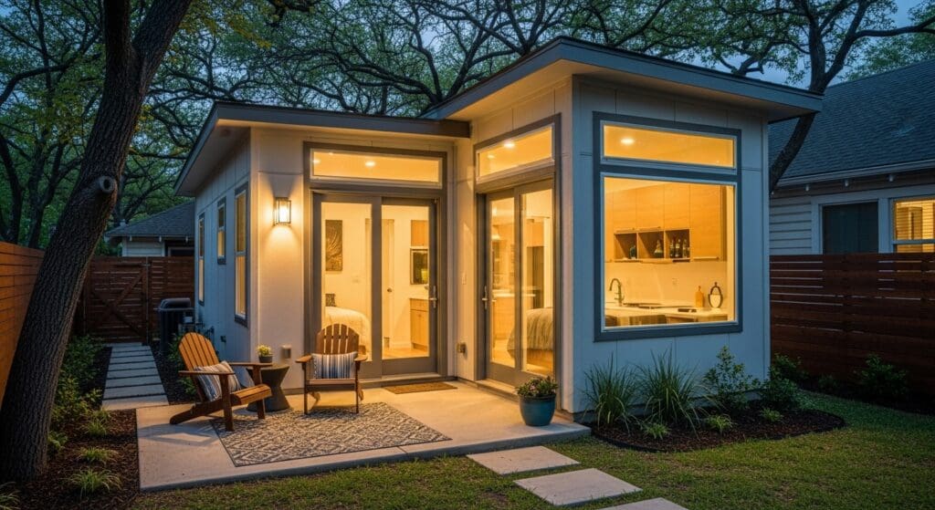 Feature image showing creative small ADU ideas that work perfectly in Austin homes with modern design and cozy backyard patio.
