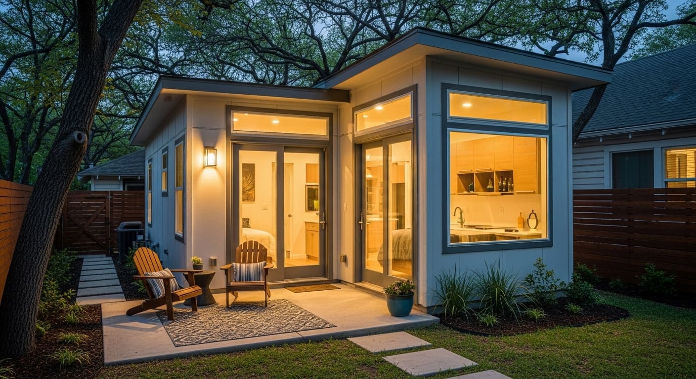Feature image showing creative small ADU ideas that work perfectly in Austin homes with modern design and cozy backyard patio.