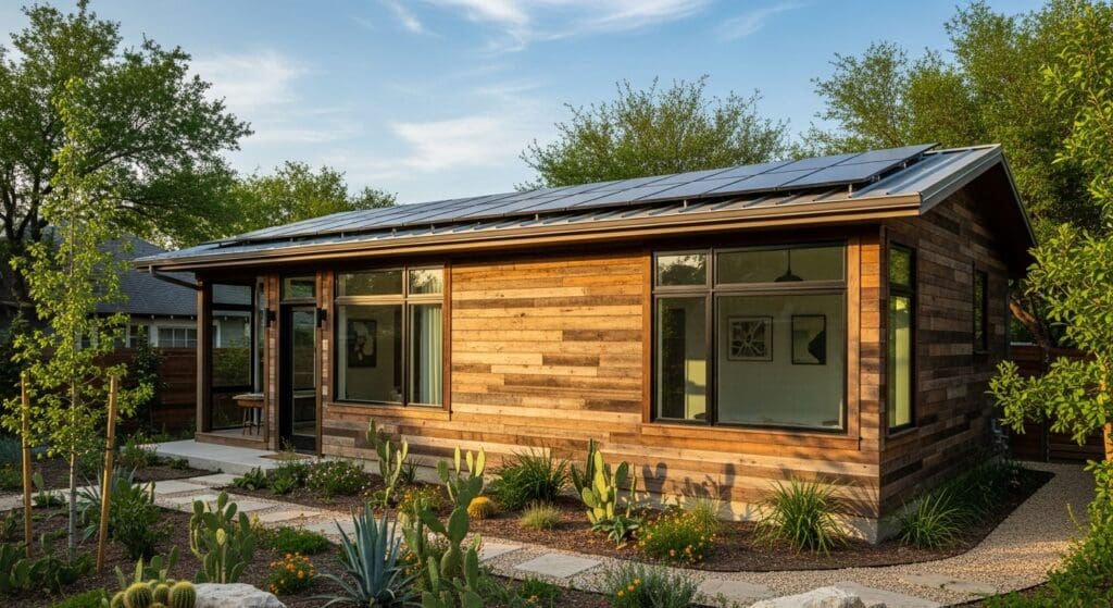 Sustainable ADU Austin with solar panels and eco-friendly backyard design