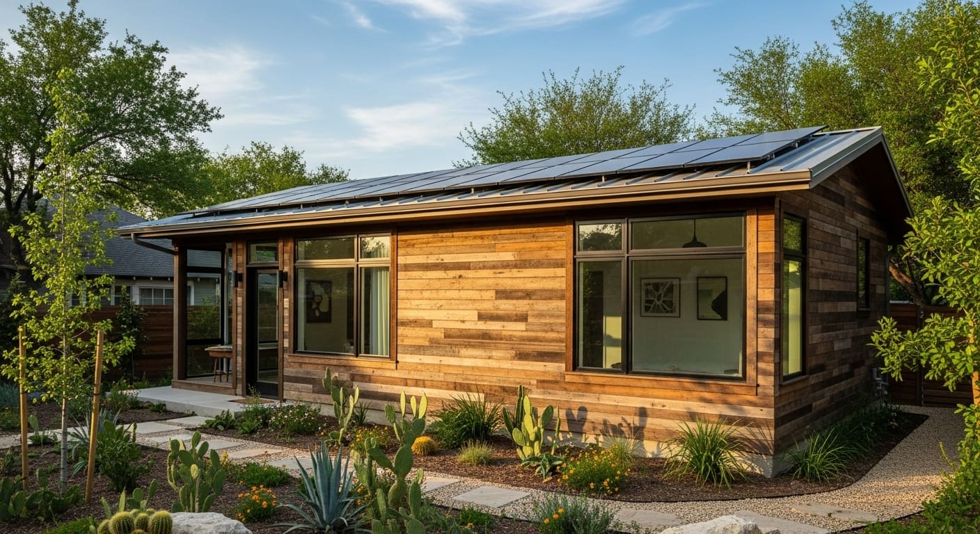 Sustainable ADU Austin with solar panels and eco-friendly backyard design