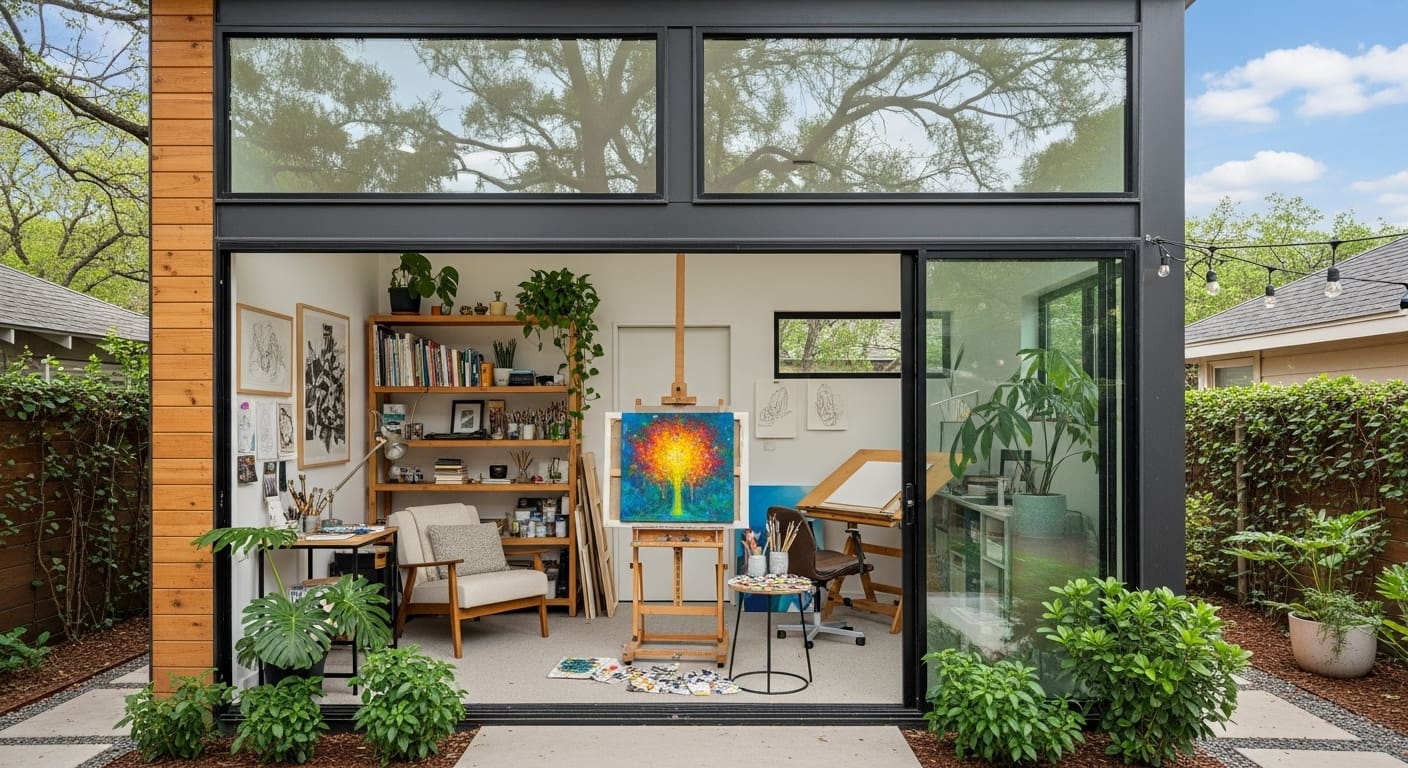 Backyard ADU studio in Austin for artists with natural light and creative workspace.
