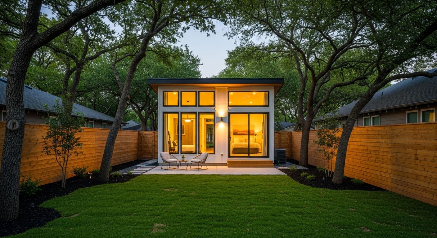 Modern ADU in Austin backyard with patio showcasing the untapped value of building ADUs in Austin backyards