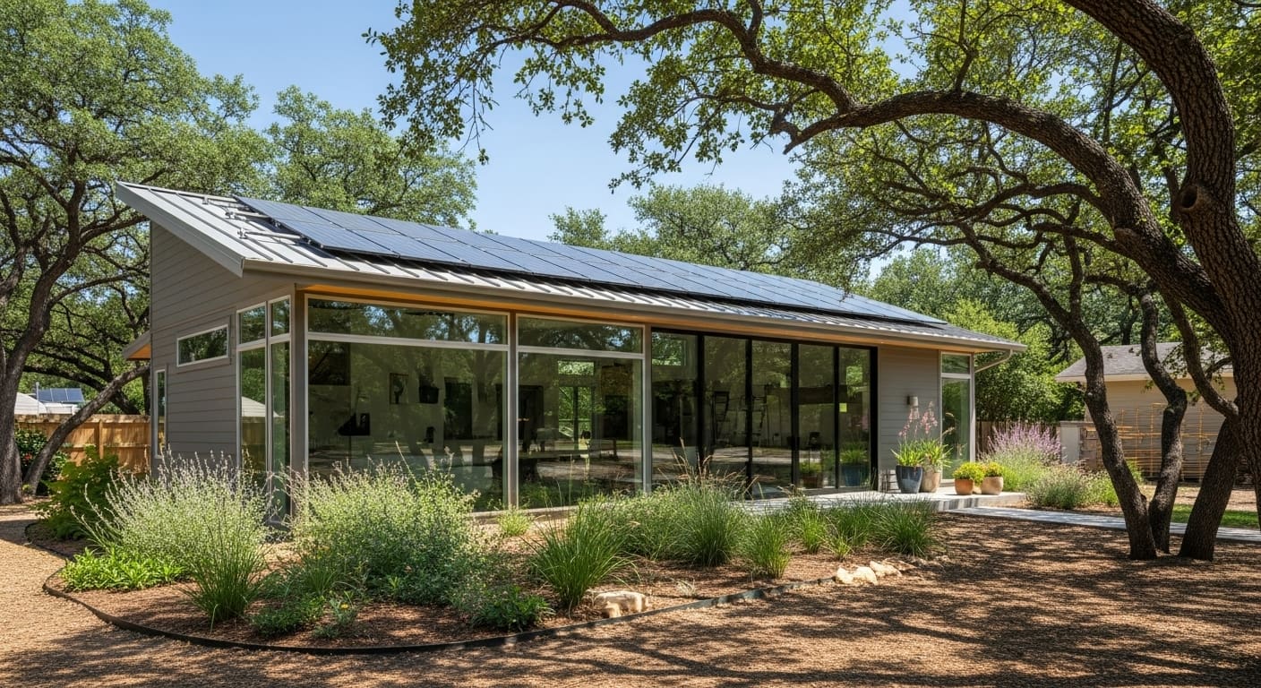 Eco-friendly ADU designs in Austin with solar panels and sustainable landscaping