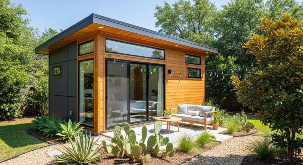 Modern tiny home backyard ADU ideas for Austin growth with outdoor seating