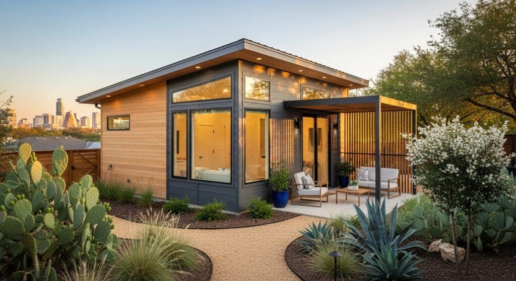 Modern Austin backyard ADU built in a spare yard for 2025 living with patio and native landscaping.