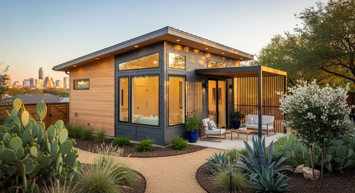 Modern Austin backyard ADU built in a spare yard for 2025 living with patio and native landscaping.